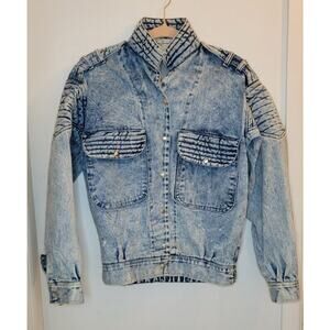 Vintage 80s Denim Moto Jacket Womens Small Blue Jean Acid Wash Retro Oversized